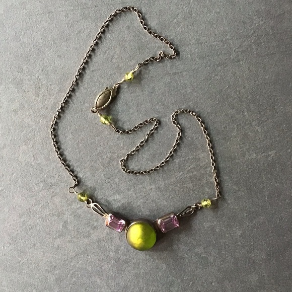 Jewelry - Handcrafted Green Glass and Purple Crystal Necklace